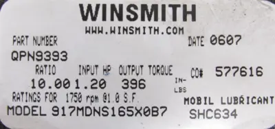 USED WINSMITH QPN9393 GEAR REDUCER 10:1 917MDNS165X0B7