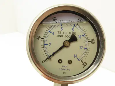 Pressure Gauge 0-200 PSI 316SS Glycerin Filled ASME B40.1 Lot of 9 1/4" NPT