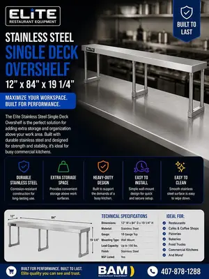 Elite Stainless Steel Single Deck Overshelf - 12" x 84" x 19 1/4"
