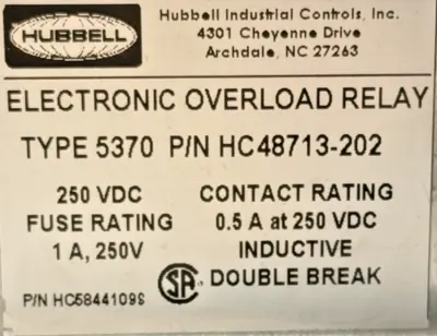 NEW HUBBELL 5370 HC48713-202 ELECTRONIC OVERLOAD RELAY HC48713202
