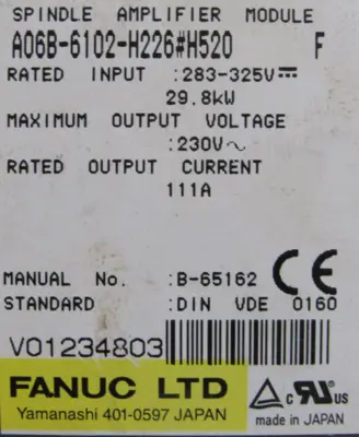 USED FANUC A06B-6102-H226#H520 SPINDLE AMPLIFIER SER F A06B6102H226H520