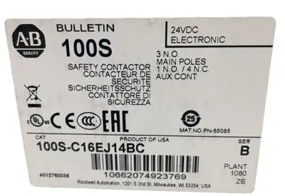 ALLEN BRADLEY 100S-C16EJ14BC SAFETY CONTACTOR SER. B 100SC16EJ14BC NEW, SURPLUS