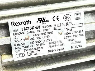 3 842 547 488 | Bosch Rexroth 3842547488 Asynchron Electric Motor 1420/1720RPM 0.55kW 3.10/1.80A - New Other