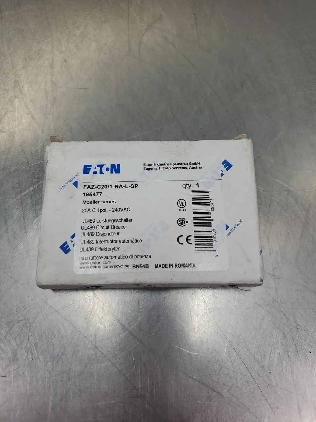 USED Eaton FAZ-C20/1-NA-L-SP Circuit Breaker, 240VAC, 20A