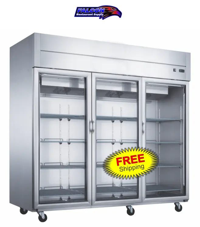 New | in-Stock Dukers New Dukers D83AR-GS3 Top Mount Glass 3-Door Commercial Reach-in Refrigerator Display Refrigerators Illinois US | Falcon Restaurant Supply #1376338