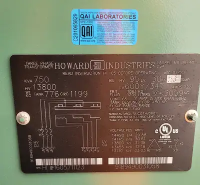 750 kVA Transformer, 13800 pri. volts,  600Y/347 sec. volts