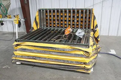 60" x 48" ROACH LIFT & TILT UPENDER / TABLE WITH ROLLER CONVEYOR, 115 VOLT & AIR: YOBRO #24709