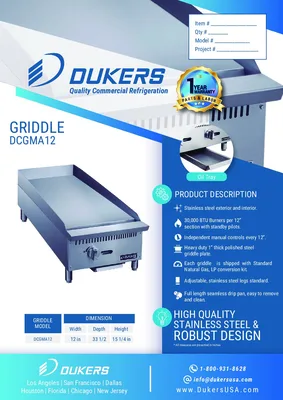 New | in-Stock Dukers New Dukers DCGMA12 12 in. W Flat Top Griddle with 1 Burners Commercial Flat Top Griddles Illinois US | Falcon Restaurant Supply #1376306