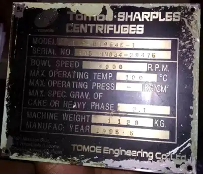 Sharples P3400 decanter centrifuge, 316SS.