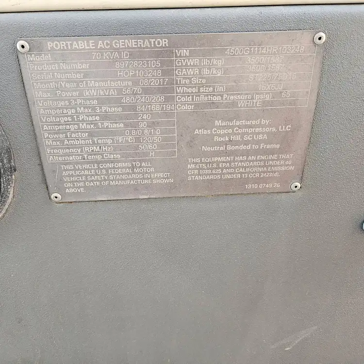 Used 2017 ATLAS COPCO 70 kVA ID Generators Pennsylvania US | Iron Listing #926803