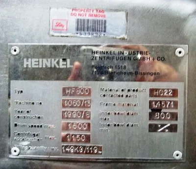 Heinkel HF 800 Inverting Filter centrifuge, Hastelloy C22.