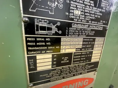 22 TON CLEARING MODEL #22 P640 TORQ PAC OBI STAMPING PRESS, 2" STROKE: STOCK 19382