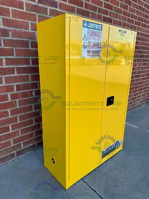 USED JUSTRITE 45 GALLON FLAMMABLE LIQUID STORAGE CABINET W/ SOFT CLOSE DOORS KEY