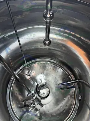 USED ALLEGHENY 400 LITER STAINLESS STEEL JACKETED REACTOR 45 PSI W/ 5 HP TOP MIXER