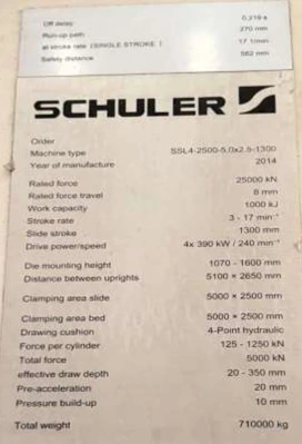 USED 2014 SCHULER SCHULER SSL4-2500-5.0X2.5-1300 / SSL4-1200-5.0X2.5-1300 PRESS