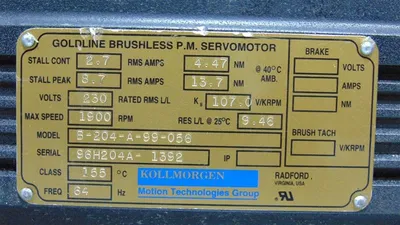 Kollmorgen B-204-A-99-056 Goldline Brushless PM Servo Motor Used