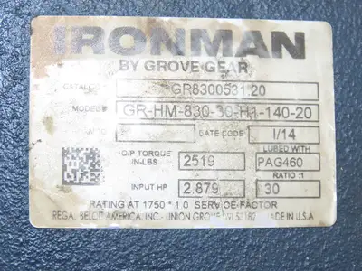Grove Gear GR-HM830-30-H1-140-20 Ironman Gearbox 30:1 Reducer 2.8Hp 58rpm Hollow