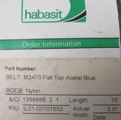 NEW HABASIT M2470 FLAT TOP ACETAL BLUE CONVEYOR BELT 3"W x 10' L