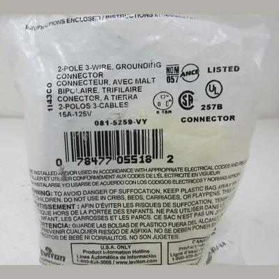 Leviton 5259-VY 15 Amp Straight Blade Receptacle