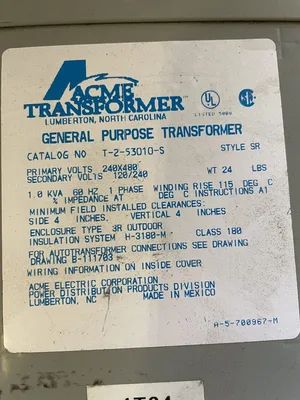 Acme T-2-53010-S Transformer 1KVA 240/480V 120/240V 1PH