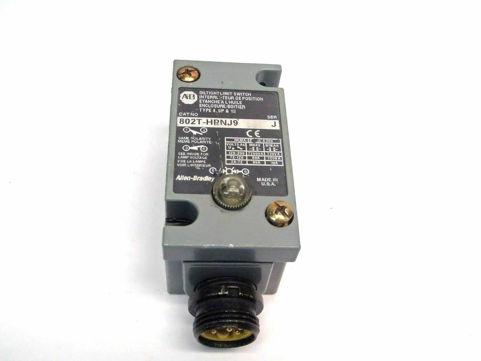 USED ALLEN BRADLEY OIL-TIGHT LIMIT SWITCH TYPE 4,6P,13