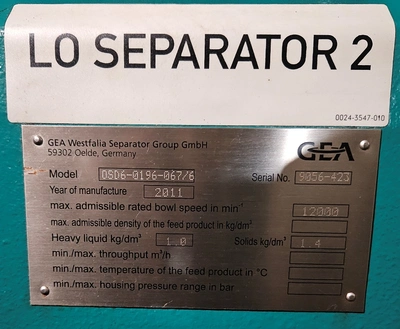 (2) Westfalia OSD 6-0196-067/6 fuel oil purifiers, SS.