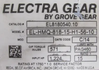 NEW GROVE GEAR EL8180540.10 GEAR REDUCER 15:1 EL-HMQ-818-15-H1-56-10 EL818054010