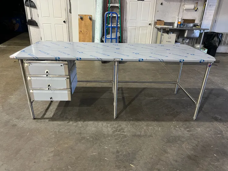 New | in-Stock John Boos New John Boos 96"x36" Stainless Steel Table with 3 Drawers Food Prep Tables Illinois US | Falcon Restaurant Supply #1375045