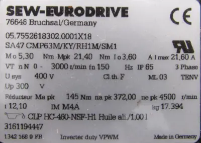 NEW SEW EURODRIVE SA47 CMP63M/KY/RH1M/SM1 GEARMOTOR SA47CMP63MKYRH1MSM1