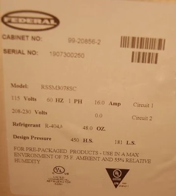 142-1069 Federal RSSM3078SC 30" Self Contained Cooler