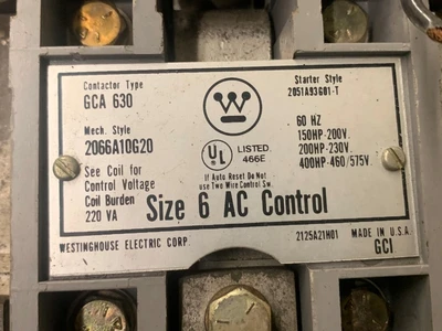Westinghouse Size 6  Combination Starter 11 206 J6, 250HP, 271A,