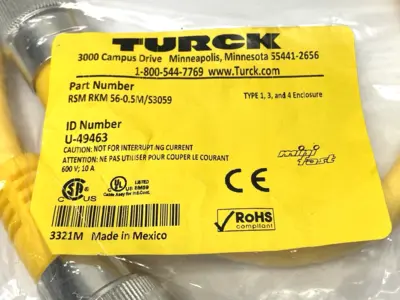 NEW TURCK DOUBLE END POWER CABLE MALE TO FEMALE 7/8" U-49463