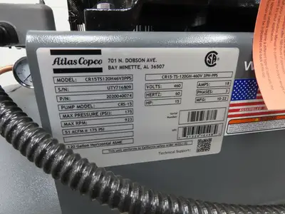 Atlas Copco CR15 Reciprocating Duplex Air Compressor 51CFM 15HP 460V 3Ph 120 Gal
