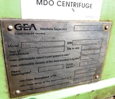 Westfalia OSC 15-02-067/7 lube oil purifier, SS.