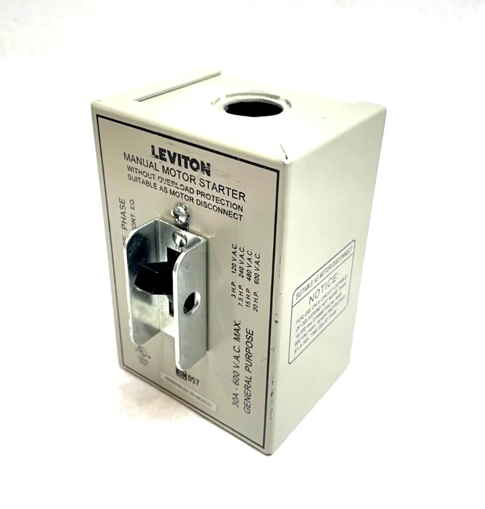 USED LEVITON THREE-POLE AC MANUAL MOTOR CONTROLLER 30A 600V 3-PHASE