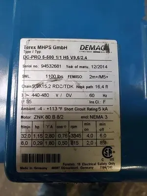 Used 2014 DEMAG DC-PRO-5-500 1/1 H5 V9, 6/2,4 Hoists (All Types) Pennsylvania US | Hildebrand Machinery Co. #1485951