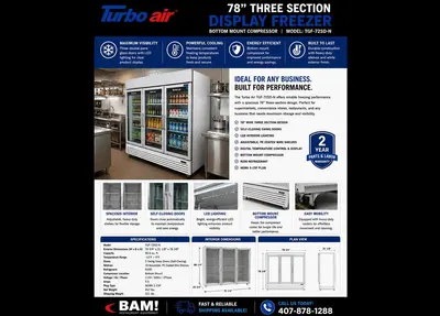 Turbo Air TGF-72SD-N 78” Three Section Display Freezer w/ Swing Doors - Bottom Mount Compressor, White, 115vTurbo Air TGF-72SD-N 78” Three Section Display Freezer w/ Swing Doors - Bottom Mount Compressor, White, 115v