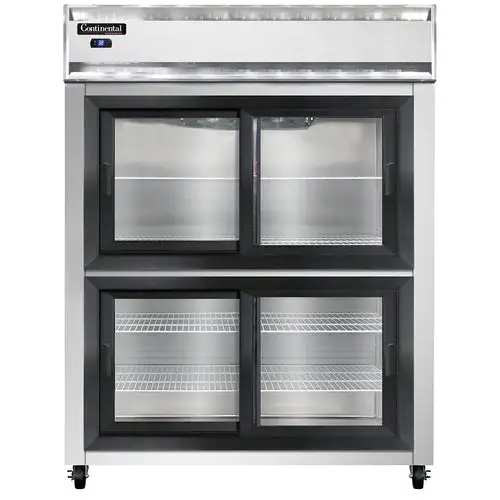Continental 2RESNSGDHD 57" Two Section Reach In Refrigerator, (4) Sliding Glass Doors, Top Compressor, 115v