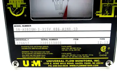 NEW UNIVERSAL FLOW MONITORS SN-ASB2GM-3-315V.886-A1NR-1D FLOW METER SWITCH