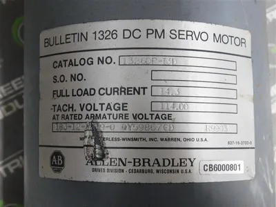 Allen Bradley 1326DP-I3D DC PM Servo Motor 14.30 FLC  Trach Voltage 114V Used