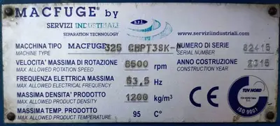 Macfuge 325 CHPT 3SK-P self-cleaning biodiesel purifier, 316SS.