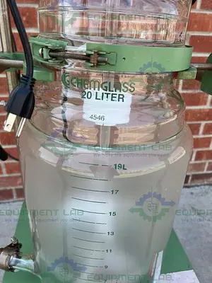USED CHEMGLASS 20 LITER JACKETED GLASS REACTOR W/ CHEMGLASS OVERHEAD STIRRER