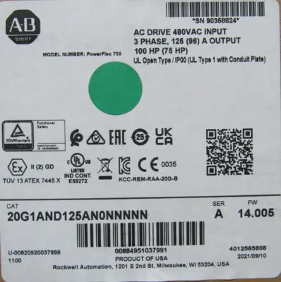 NEW 20G1AND125AN0NNNNN POWERFLEX 755 DRIVE 100HP SER.A NEW SURPLUS