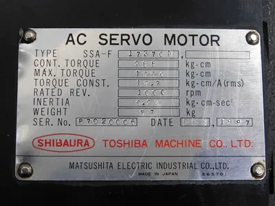 Matsushita/Toshiba SSA-F 17370N AC Servo Motor 1000rpm 288 kg/cm ContTorque Used