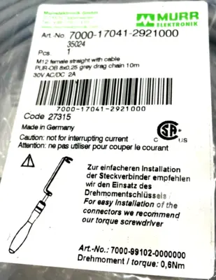 NEW MURR ELEKTRONIK 7000-17041-2921000 CONNECTION CABLE 7000170412921000 3 COUNT
