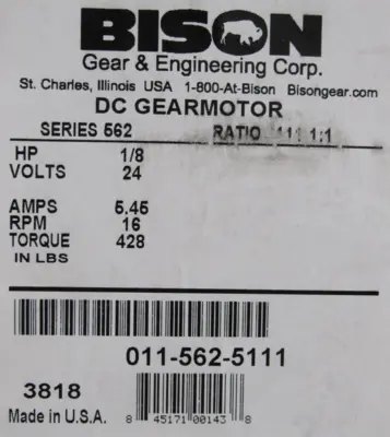 NEW BISON 011-562-5111 GEARMOTOR 1/8HP RATIO 111.1:1 24V 0115625111