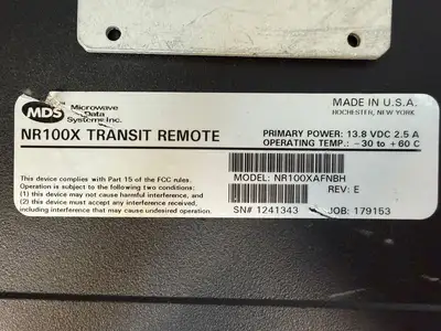 MDS Microwave Data Systems NR-100 Transit NR100XAFNBH Rev:E 13.8 VDC 2.5A(9.3.4)