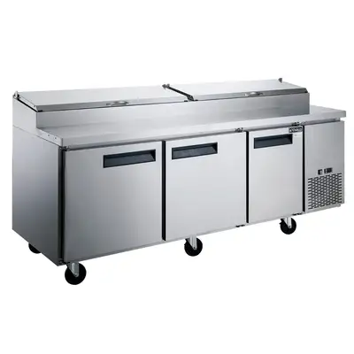 New | in-Stock Dukers New Dukers DPP90-12-S3 Commercial 3-Door Pizza Prep Table Refrigerated Food Prep Tables Illinois US | Falcon Restaurant Supply #1376309