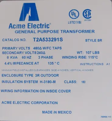 NEW ACME ELECTRIC T2A533291S TRANSFORMER 480V PRI. 240V SEC. 6KA