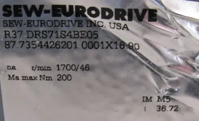 NEW SEW EURODRIVE R37 DRS71S4BE05 GEARMOTOR 36.72 R37DRS71S4BE05